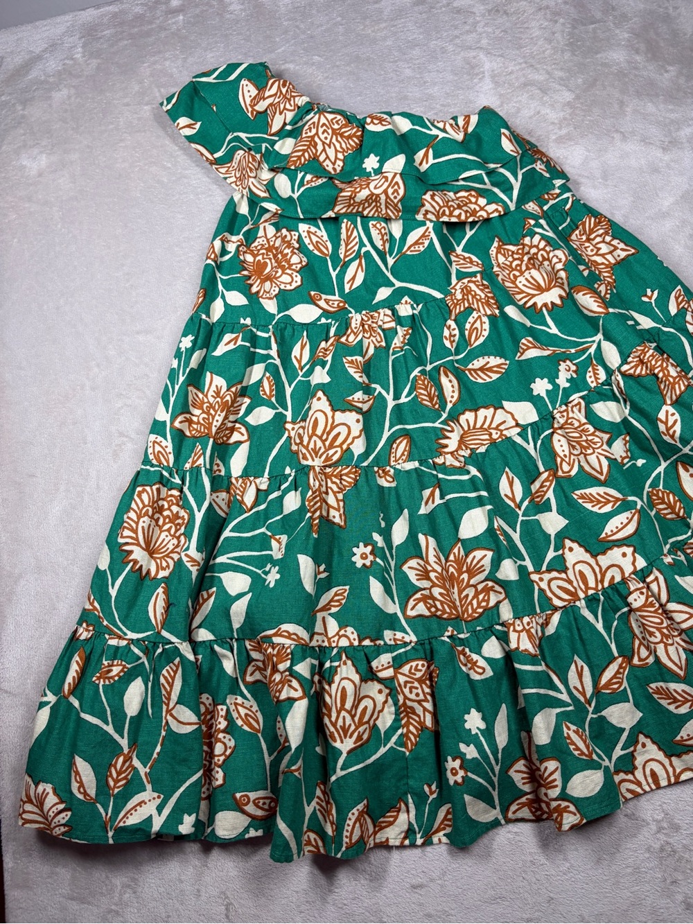 Sezane Leanore Gemini Floral Print One Shoulder Tiered Ruffle Green Dress 34 XS - Picture 5 of 16